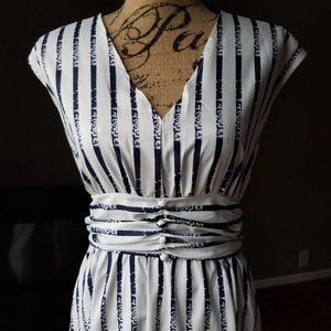 Midi navy-white V-neck sleeveless tie-back dress